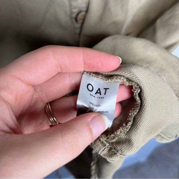 OAT New York Tan Button Down Waist Tie Peplum Top Size Large - Picture 6 of 7